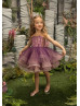 Beaded Purple Tulle Knee Length Heart Back Flower Girl Dress